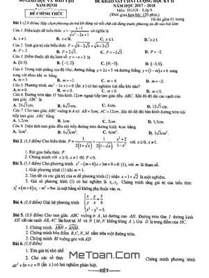Đề Kiểm Tra Học Kì 2 Môn Toán Lớp 9 Năm 2017 - 2018 Sở GD&ĐT Nam Định