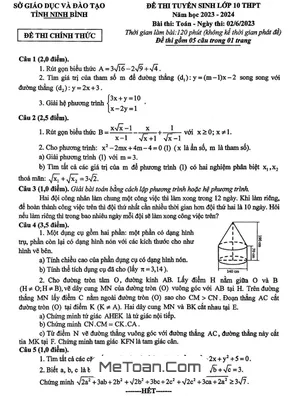Đề thi tuyển sinh vào lớp 10 môn Toán năm 2023 - 2024 Sở GD&ĐT Ninh Bình