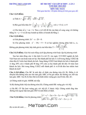 Đề thi thử Toán vào lớp 10 lần 3 năm 2022 – 2023 trường THCS Anh Sơn – Nghệ An