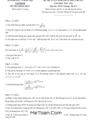 Đề Thi Vào Lớp 10 Chuyên Toán Nam Định Năm 2020-2021 (Đề 2)