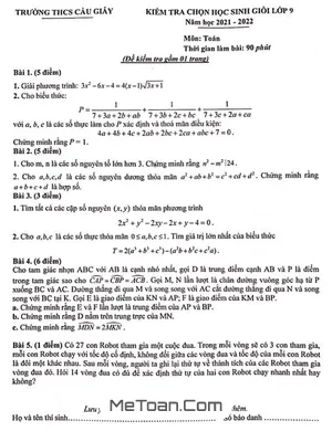 Đề thi HSG Toán 9 năm 2021 - 2022 trường THCS Cầu Giấy - Hà Nội