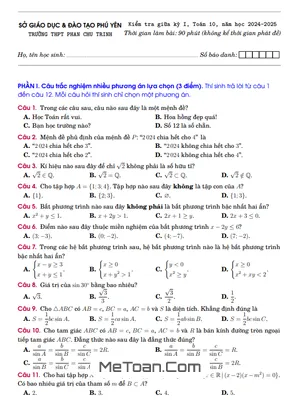 Đề Thi Giữa Kỳ 1 Toán 10 Năm 2024 - 2025 Trường THPT Phan Chu Trinh - Phú Yên