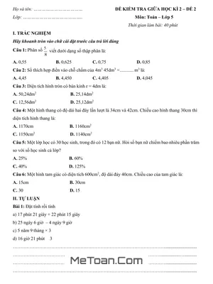 Đề Kiểm Tra Giữa Học Kì 2 Môn Toán Lớp 5 - Đề 2