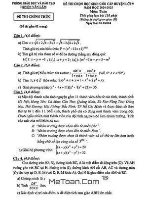Đề chọn học sinh giỏi Toán 9 năm 2024 - 2025 phòng GD&ĐT Văn Lâm - Hưng Yên