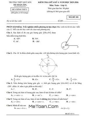 Đề thi giữa kỳ 1 Toán 11 năm 2025 - 2026 THPT Quế Sơn - Đà Nẵng (Kèm Đáp Án Chi Tiết)