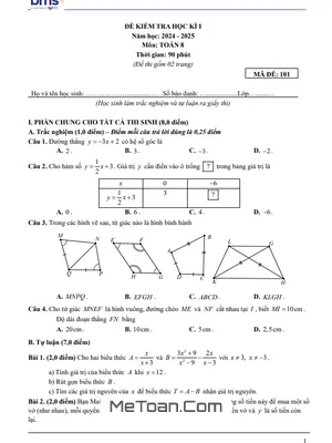 Tải Đề Thi Cuối Học Kỳ 1 Toán 8 Năm 2024 – 2025 Trường Ban Mai School Hà Nội (Có Đáp Án)