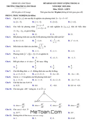 Đề Khảo Sát Toán 9 Tháng 11 Năm 2025 Trường TH&THCS Lâm Thao, Bắc Ninh (Có Đáp Án Chi Tiết)