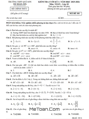 Đề thi cuối kỳ 1 Toán 10 năm học 2025 – 2026 trường THPT Quế Sơn – Đà Nẵng
