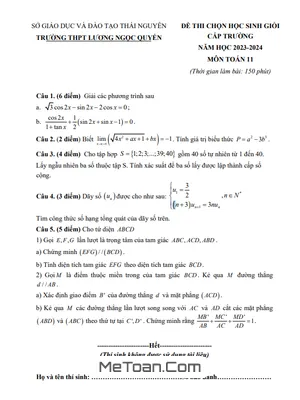 Đề thi học sinh giỏi Toán 11 năm 2023 - 2024 trường THPT Lương Ngọc Quyến - Thái Nguyên