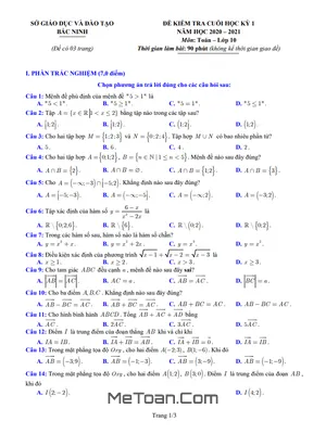 Đề thi Toán 10 cuối kỳ 1 năm 2020 - 2021 Sở GD&ĐT Bắc Ninh