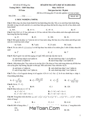 Đề Thi Giữa Kỳ 2 Toán 10 Năm 2022 - 2023 Trường THCS - THPT Bàu Hàm - Đồng Nai