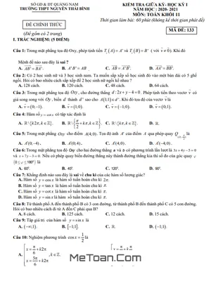 Đề thi giữa HK1 Toán 11 năm 2020 - 2021 trường THPT Nguyễn Thái Bình - Quảng Nam