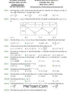 Đề thi chuyên đề Toán 12 lần 1 năm 2021 - 2022 trường chuyên Lương Văn Tụy - Ninh Bình