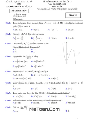 Đề kiểm tra khảo sát Toán 12 năm 2017 - 2018 trường Chu Văn An - Hà Nội