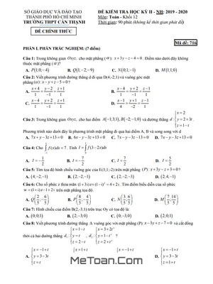 Đề thi học kì 2 Toán 12 năm 2019 - 2020 trường THPT Cần Thạnh - TP HCM có lời giải