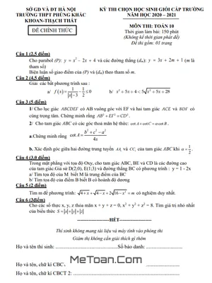 Đề thi học sinh giỏi Toán 10 năm 2020 - 2021 trường Phùng Khắc Khoan - Hà Nội
