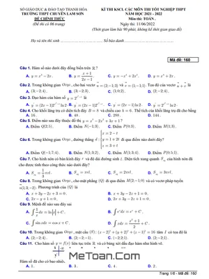 Đề KSCL Toán thi TN THPT 2022 lần 3 trường chuyên Lam Sơn – Thanh Hóa