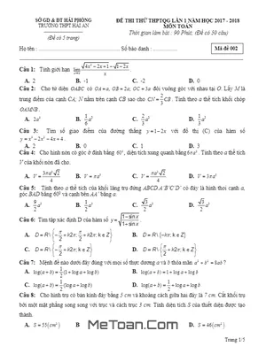 Đề thi thử THPTQG môn Toán lần 1 năm 2017 - 2018 trường Hải An - Hải Phòng
