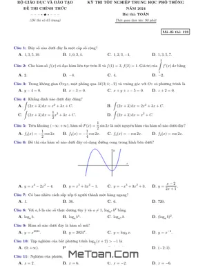 Đề thi chính thức môn Toán kỳ thi tốt nghiệp THPT năm 2024 có đáp án
