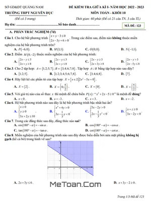 Đề Thi Giữa Học Kỳ 1 Toán 10 Năm 2022 - 2023 Trường THPT Nguyễn Dục - Quảng Nam