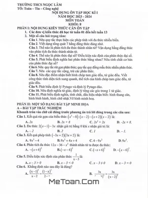 Ôn Tập Cuối Học Kỳ 1 Toán 8 Năm 2023 - 2024 Trường THCS Ngọc Lâm – Hà Nội