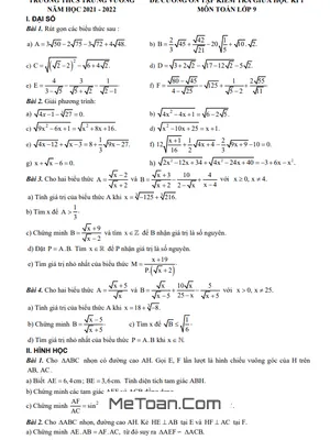 Đề Cương Ôn Tập Thi Giữa Kì 1 Toán 9 Năm 2021 - 2022 Trường THCS Trưng Vương - Hà Nội