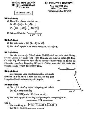 Đề thi học kỳ 1 Toán 6 năm 2022 – 2023 trường THPT chuyên Hà Nội – Amsterdam