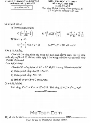 Đề thi HK1 Toán 7 năm 2020 - 2021 phòng GD&ĐT thành phố Lạng Sơn