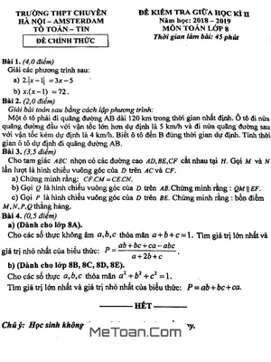 Đề Thi Giữa Kỳ 2 Toán 8 Năm 2018 - 2019 Trường Chuyên Hà Nội - Amsterdam