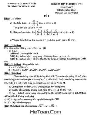 Đề thi học kỳ 1 Toán 9 năm 2022 - 2023 trường THCS Kim Giang - Hà Nội
