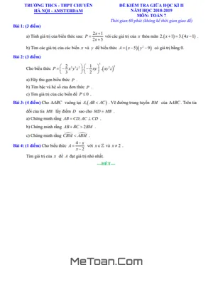 Đề thi giữa kì 2 Toán 7 năm 2018-2019 trường chuyên Hà Nội - Amsterdam
