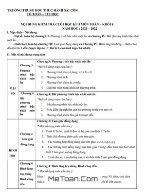Đề tham khảo học kỳ 2 Toán 8 năm 2021-2022 trường Thực hành Sài Gòn - TP HCM
