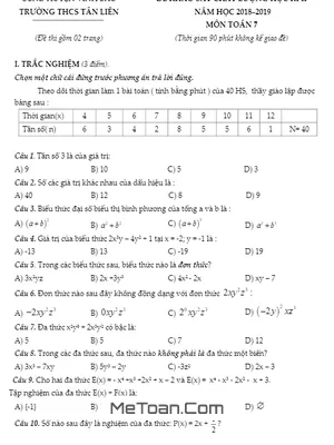 Đề khảo sát HK2 Toán 7 năm 2018 - 2019 trường THCS Tân Liên - Hải Phòng
