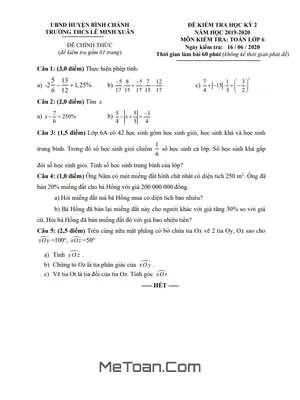 Đề thi HK2 Toán lớp 6 năm 2019 - 2020 trường THCS Lê Minh Xuân - TP HCM (có đáp án)