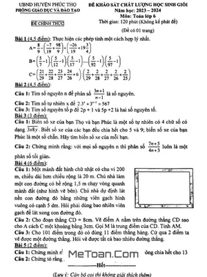 Đề KSCL Học Sinh Giỏi Toán 6 Năm 2023 - 2024 Phòng GD&ĐT Phúc Thọ - Hà Nội