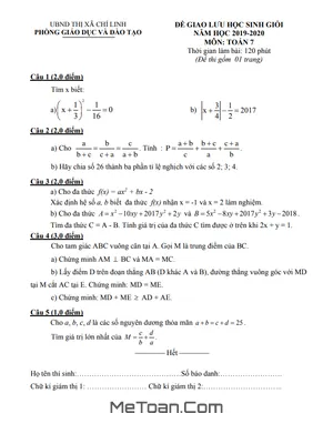 Đề giao lưu HSG Toán 7 năm 2019 - 2020 phòng GD&ĐT Chí Linh - Hải Dương