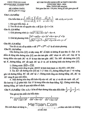 Đề Thi Vào Lớp 10 Chuyên Toán Hà Nam Năm 2023 - 2024