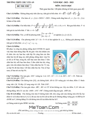 Đề thi thử Toán vào lớp 10 năm 2022 - 2023 trường THPT Chu Văn An - Thái Nguyên