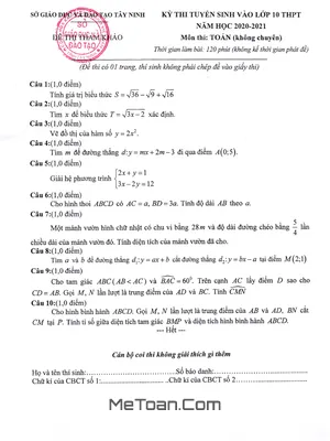 Đề Tham Khảo Tuyển Sinh Lớp 10 Môn Toán Năm 2020 - 2021 Sở GD&ĐT Tây Ninh