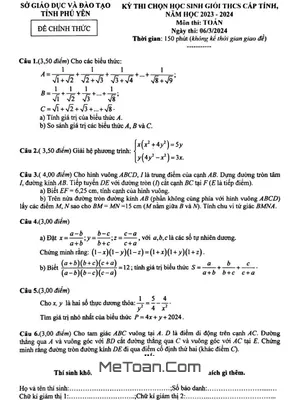 Đề thi học sinh giỏi Toán THCS cấp tỉnh Phú Yên năm học 2023 - 2024