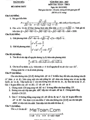 Đề thi HSG Toán THCS cấp Tỉnh Thanh Hóa năm 2021 - 2022