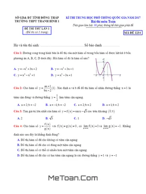 Đề thi thử THPT Quốc gia môn Toán 2017 trường THPT Thanh Bình 1 - Đồng Tháp