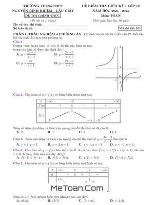Đề Thi Giữa Kỳ 1 Toán 12 Năm 2024 - 2025 Trường Nguyễn Bỉnh Khiêm - Hà Nội