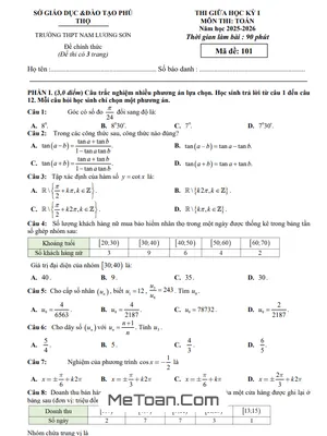 Đề Thi Giữa Học Kỳ 1 Môn Toán Lớp 11 Năm 2025 – 2026 Trường THPT Nam Lương Sơn, Phú Thọ (Có Đáp Án)