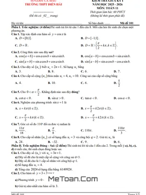 Đề Thi Giữa Kỳ 1 Toán 11 Năm 2025 - 2026 THPT Điền Hải - Cà Mau (Kèm Đáp Án)