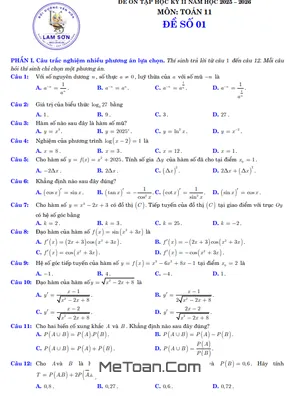 10 Đề Ôn Tập Học Kỳ 2 Toán 11 (2025-2026) – Cấu Trúc 3-2-2-3 Mới Nhất