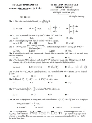 Đề thi học sinh giỏi Toán 11 năm 2022 - 2023 cụm THPT huyện Ý Yên - Nam Định