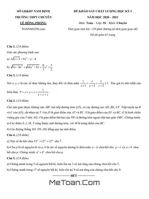 Đề thi HK1 Toán 10 chuyên năm 2020 - 2021 trường chuyên Lê Hồng Phong - Nam Định