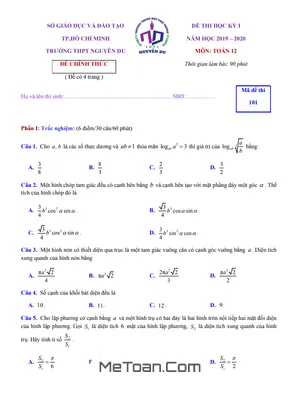 Đề thi học kì 1 Toán 12 năm 2019-2020 trường THPT Nguyễn Du - TP.HCM