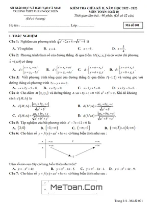 Đề Thi Giữa Kỳ 2 Toán 10 Năm 2022 - 2023 Trường THPT Phan Ngọc Hiển - Cà Mau
